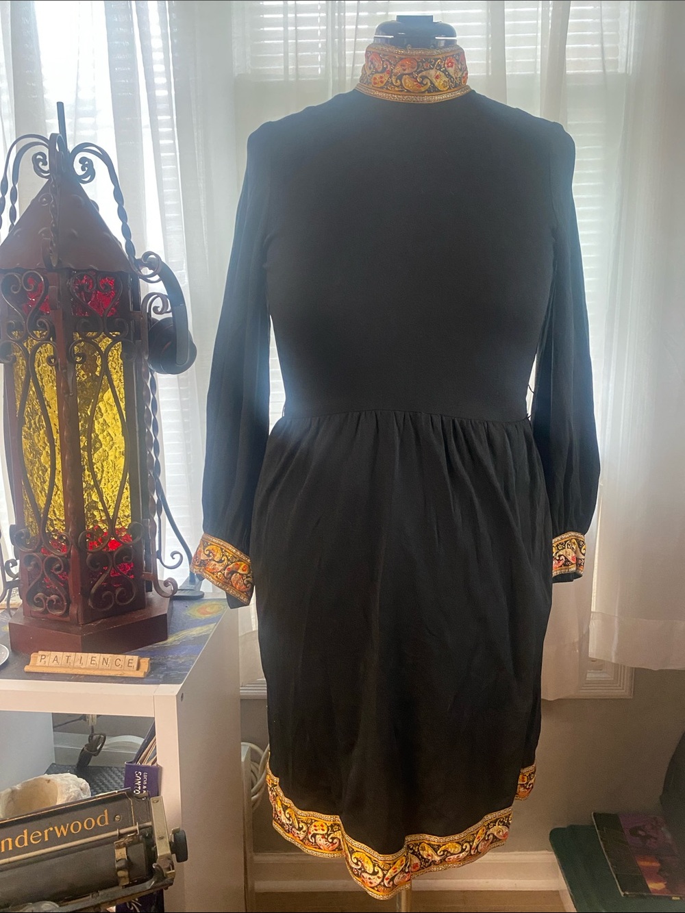 Vintage 70’s Black Long-Sleeve Dress with Embroidered Trim